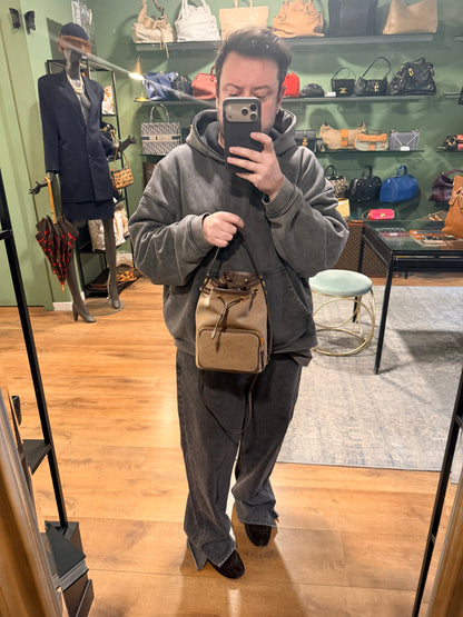 PRADA BROWN LOGO SMALL BUCKET TOP HANDLE CROSSBODY BAG