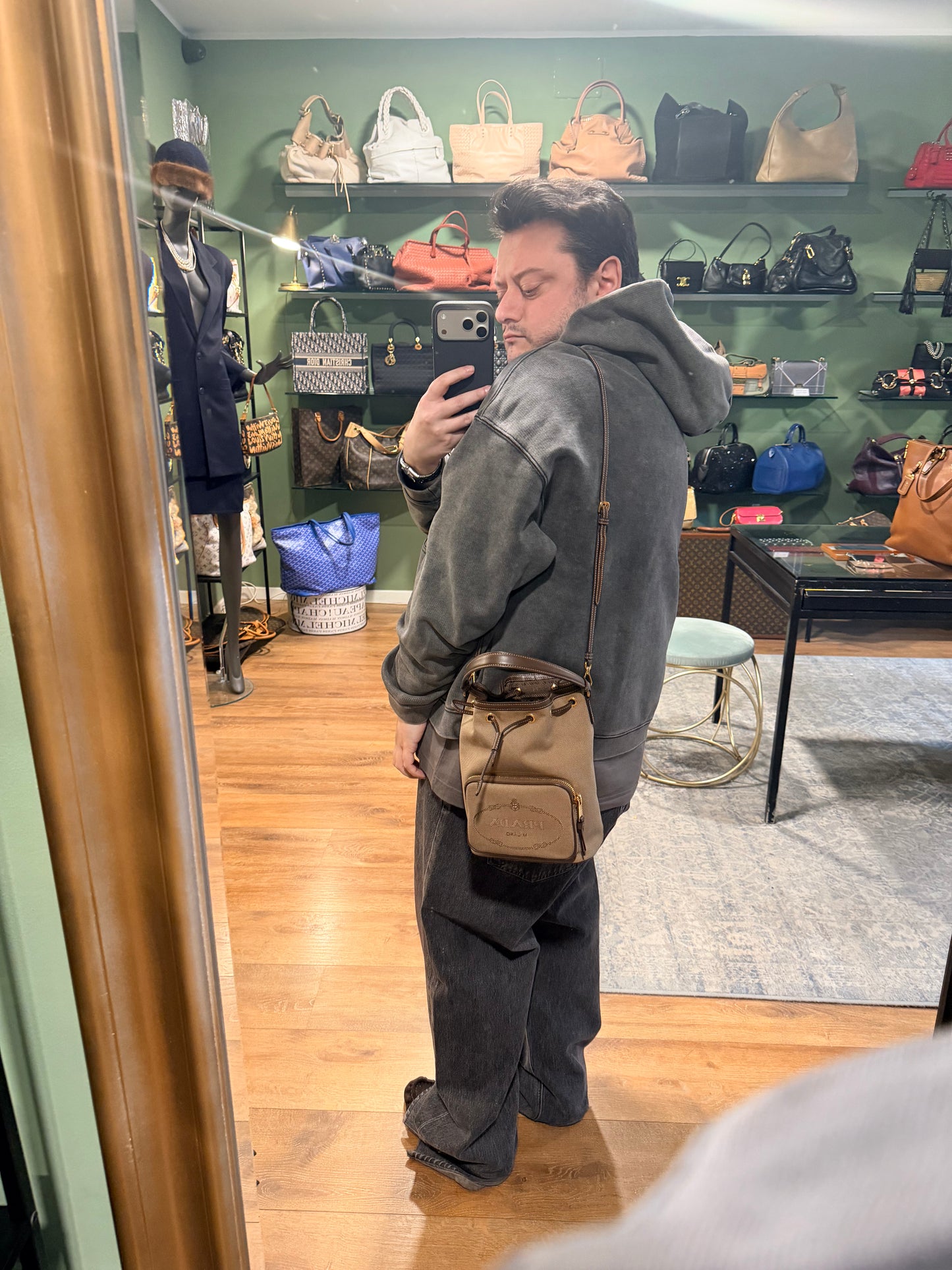 PRADA BROWN LOGO SMALL BUCKET TOP HANDLE CROSSBODY BAG