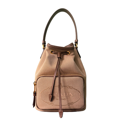 PRADA BROWN LOGO SMALL BUCKET TOP HANDLE CROSSBODY BAG