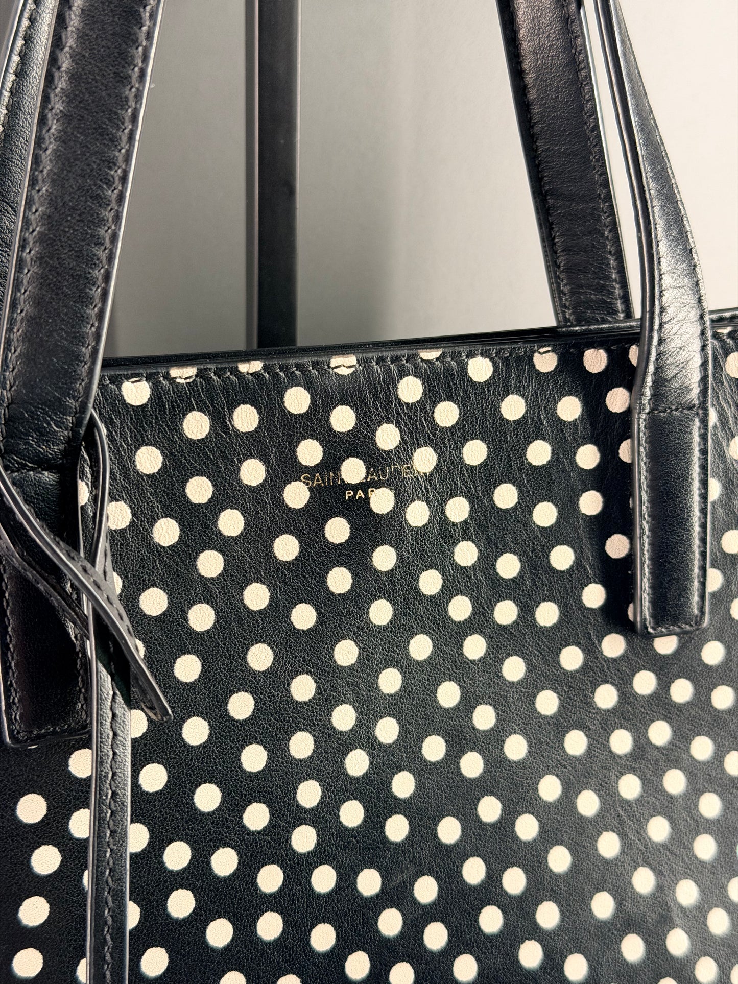 SAINT LAURENT BLACK POLKA DOTS SMALL SHOPPING TOTE