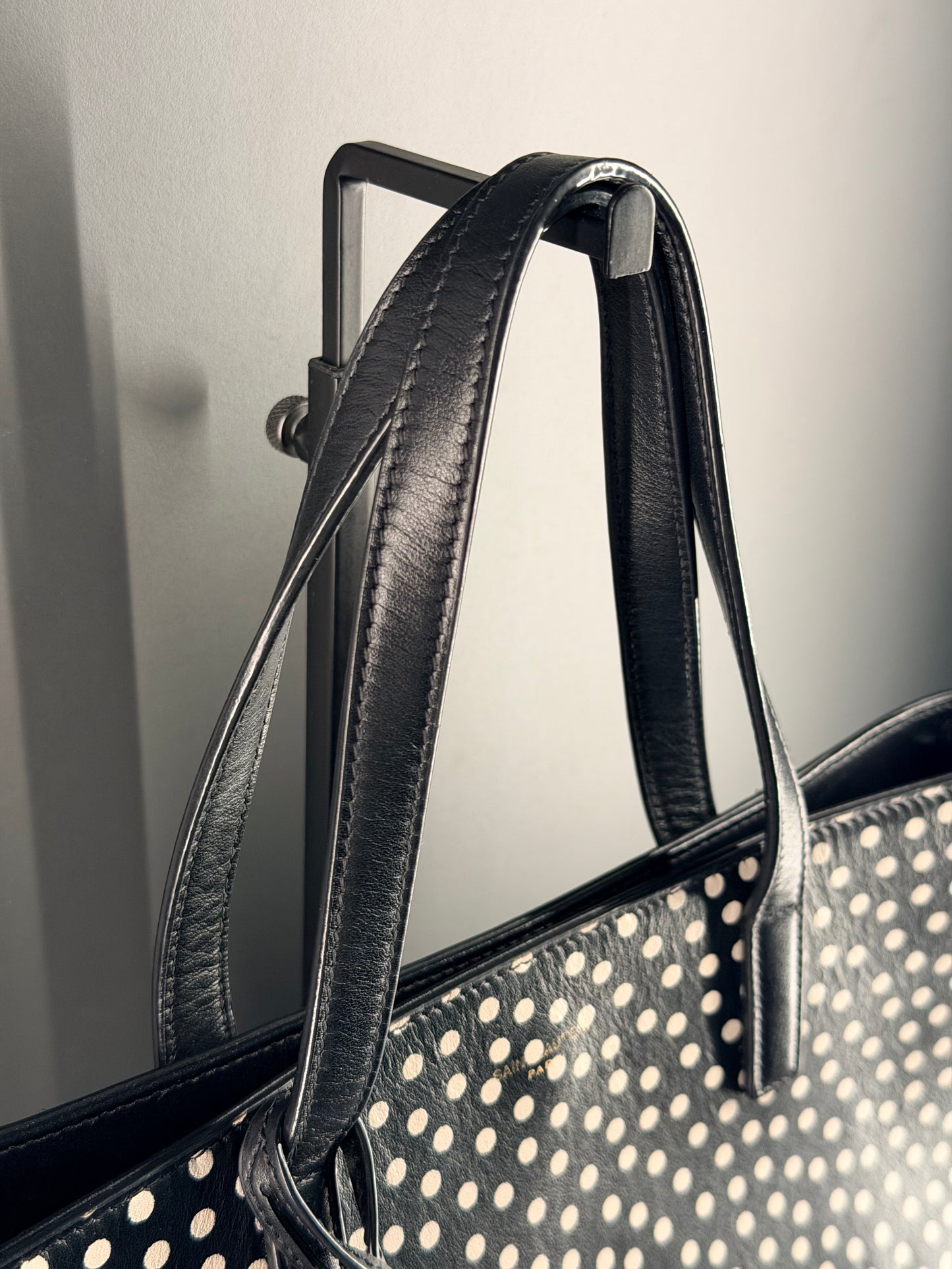 SAINT LAURENT BLACK POLKA DOTS SMALL SHOPPING TOTE