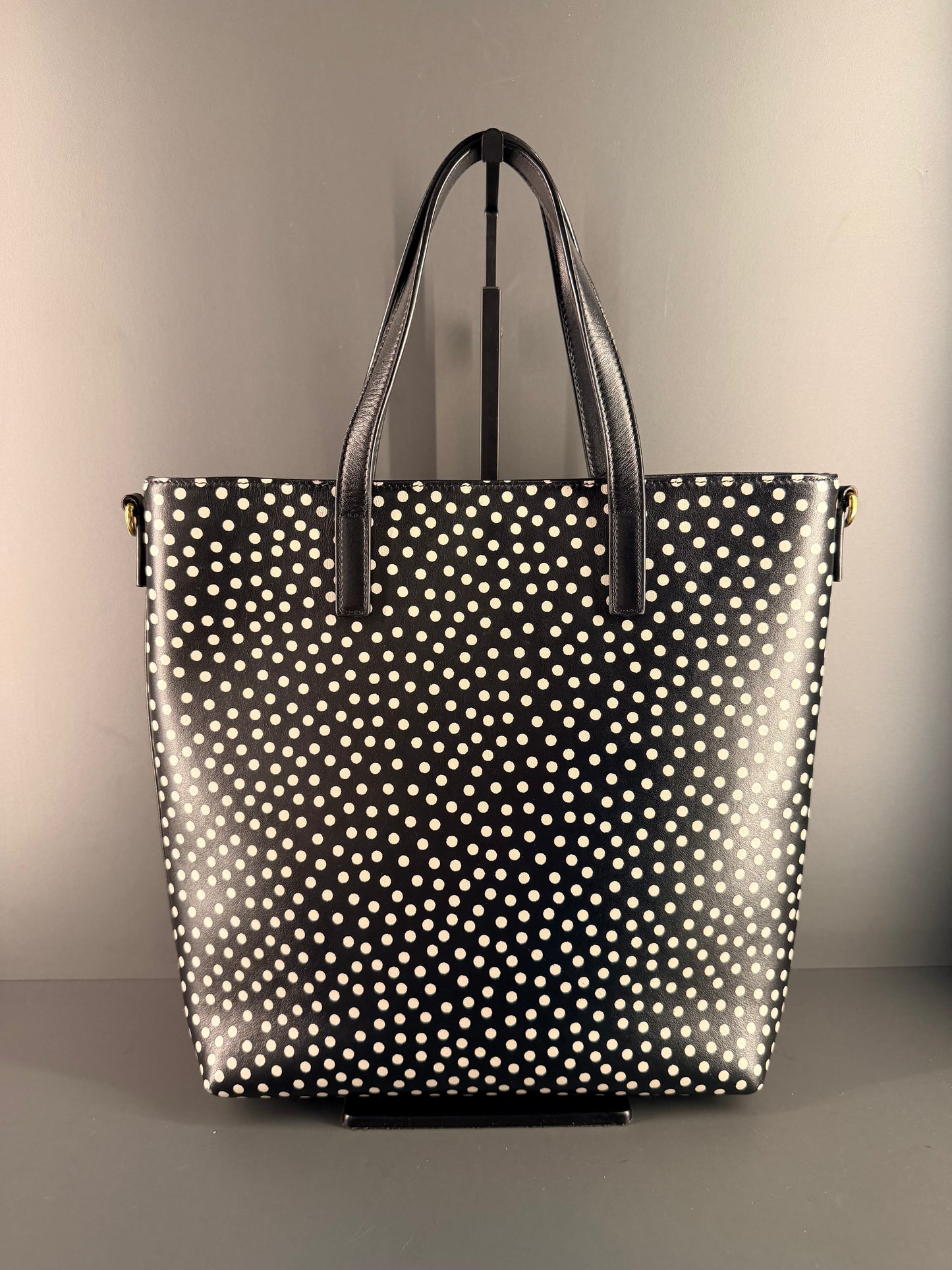 SAINT LAURENT BLACK POLKA DOTS SMALL SHOPPING TOTE