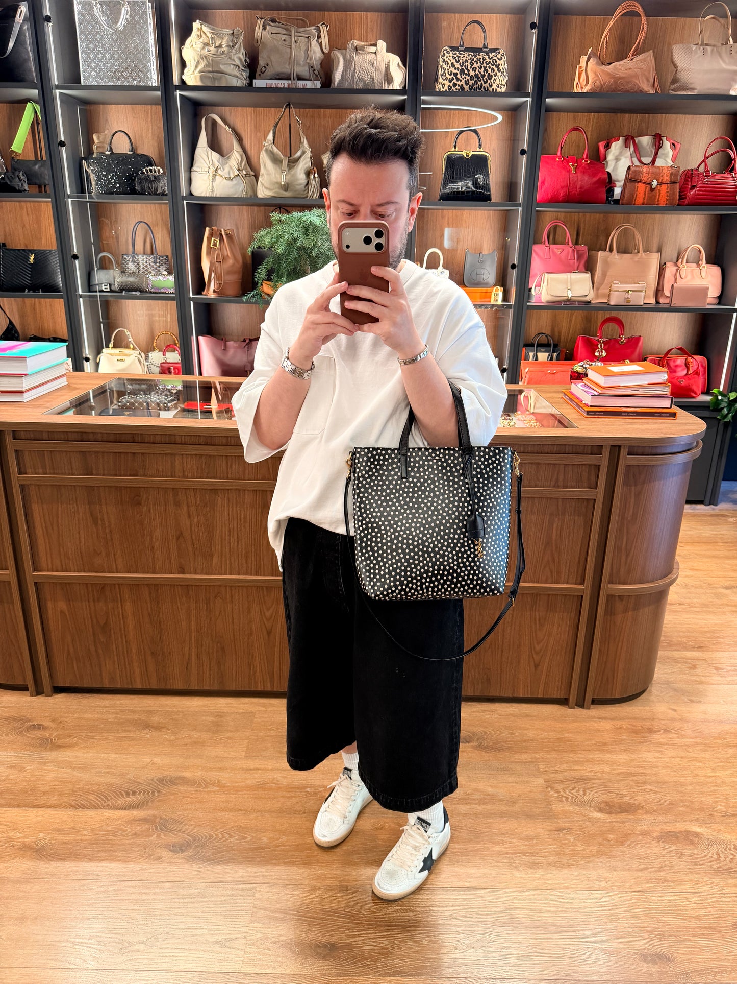 SAINT LAURENT BLACK POLKA DOTS SMALL SHOPPING TOTE