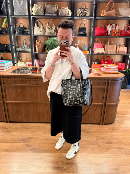 SAINT LAURENT BLACK POLKA DOTS SMALL SHOPPING TOTE