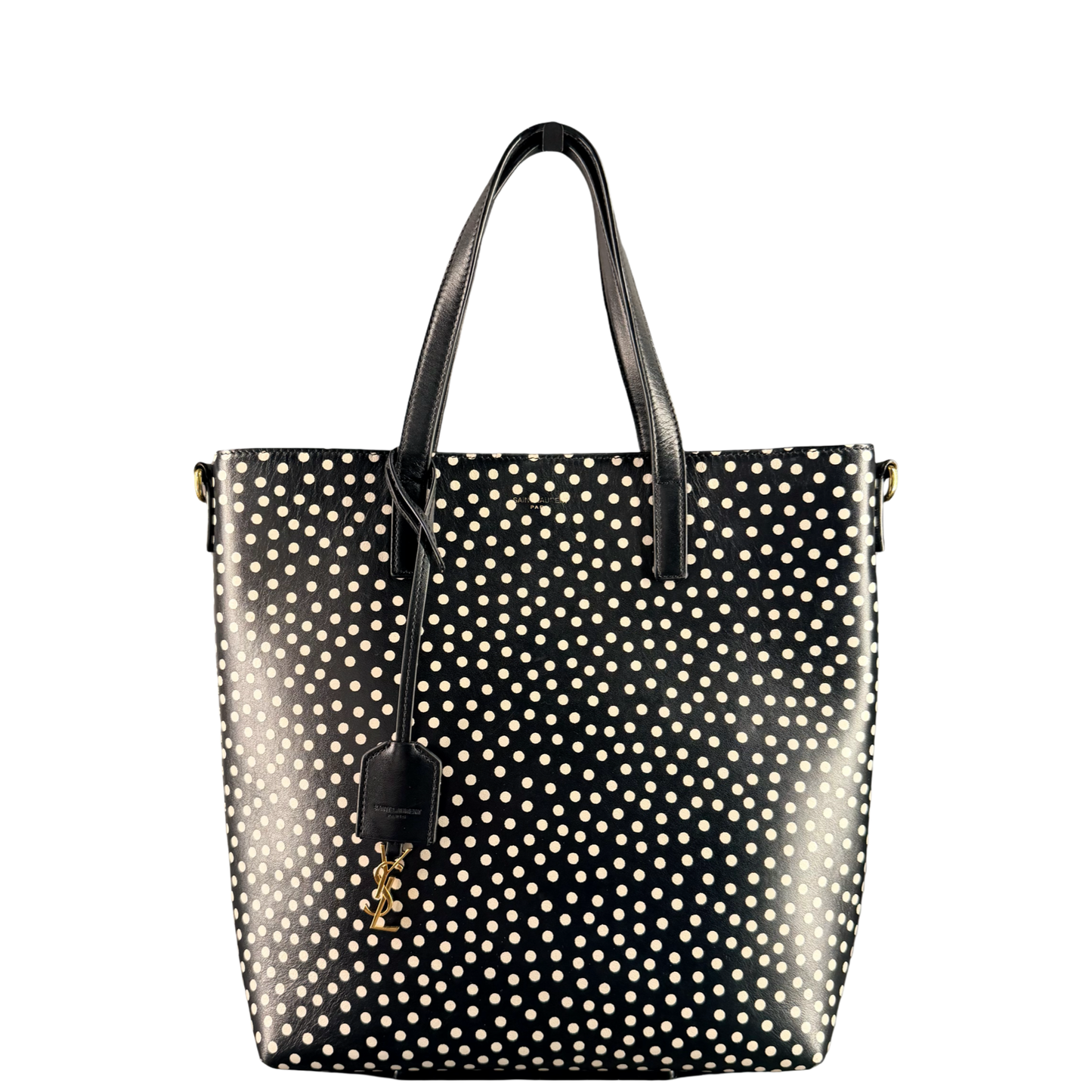 SAINT LAURENT BLACK POLKA DOTS SMALL SHOPPING TOTE