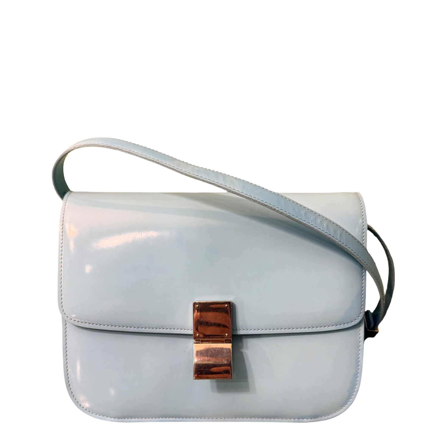 CÈLINE LIGHT BLUE SPAZZOLATO BOX CLASSIQUE SHOULDER BAG