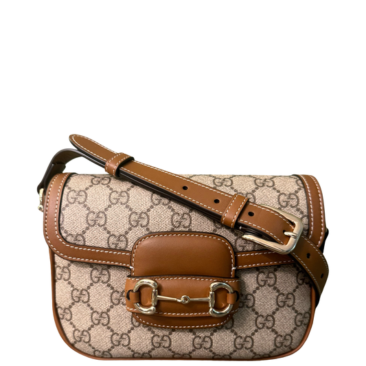 GUCCI TAN GG SUPREME SMALL SOFT HORSEBIT 1955 CROSSBODY BAG