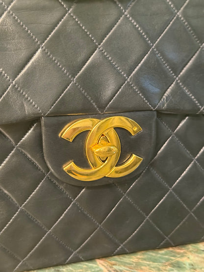 CHANEL DARK BLUE MAXI JUMBO BIG LOGO TIMELESS SINGLE FLAP SHOULDER BAG