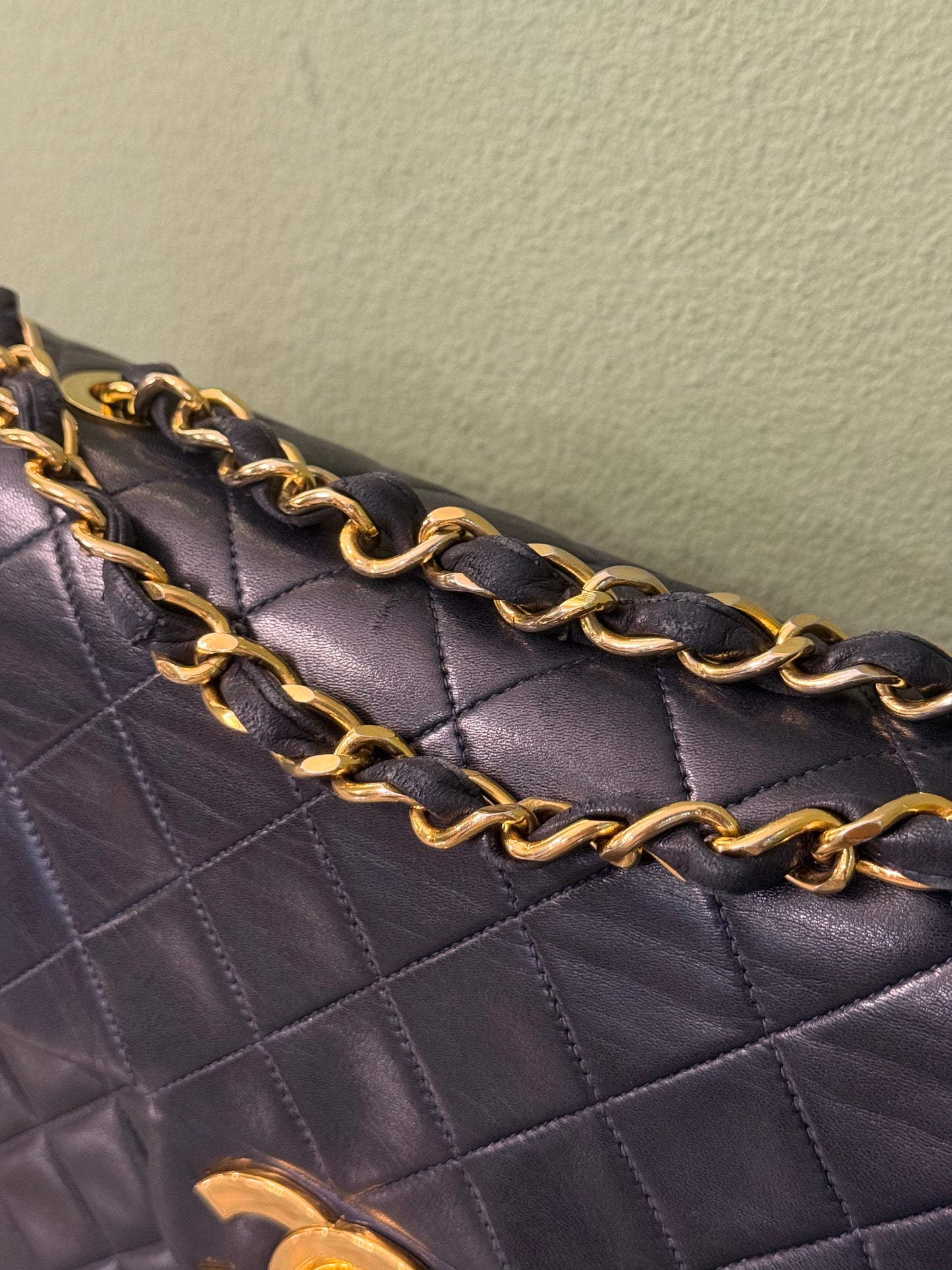 CHANEL DARK BLUE MAXI JUMBO BIG LOGO TIMELESS SINGLE FLAP SHOULDER BAG