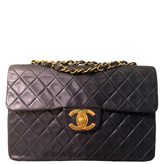 CHANEL DARK BLUE MAXI JUMBO BIG LOGO TIMELESS SINGLE FLAP SHOULDER BAG