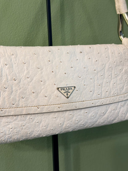 PRADA WHITE OSTRICH EAST WEST SHOULDER BAG