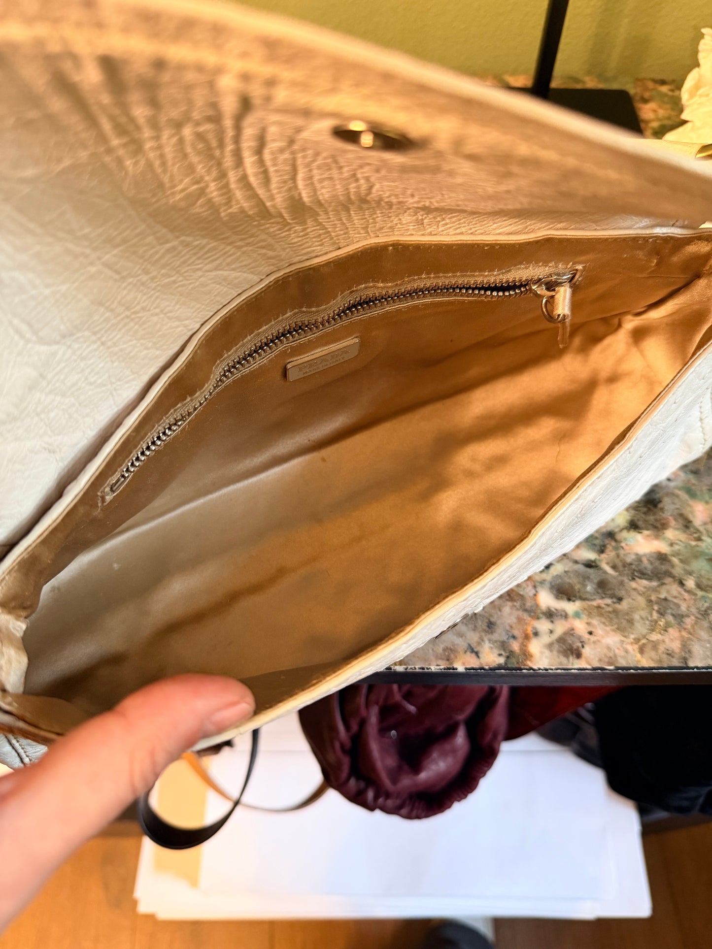 PRADA WHITE OSTRICH EAST WEST SHOULDER BAG