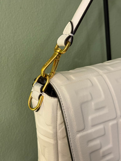 FENDI WHITE EMBOSSED LOGO LARGE BAGUETTE SHOULDER BAG
