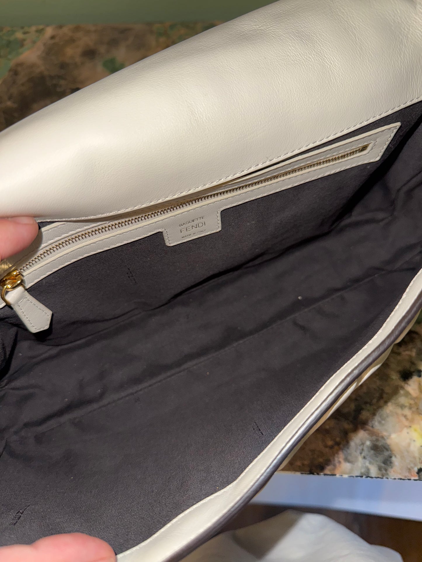 FENDI WHITE EMBOSSED LOGO LARGE BAGUETTE SHOULDER BAG