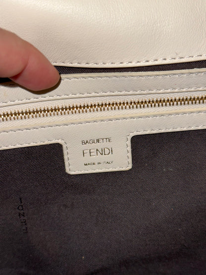 FENDI WHITE EMBOSSED LOGO LARGE BAGUETTE SHOULDER BAG