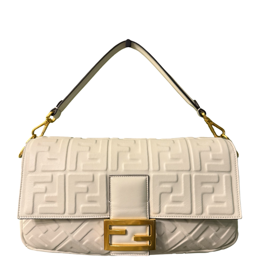 FENDI WHITE EMBOSSED LOGO LARGE BAGUETTE SHOULDER BAG