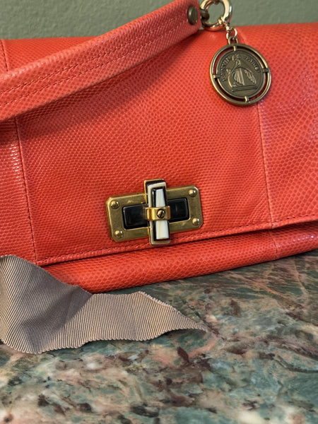 LANVIN EMBOSSED LIZARD CORAL HAPPY CROSSBODY BAG