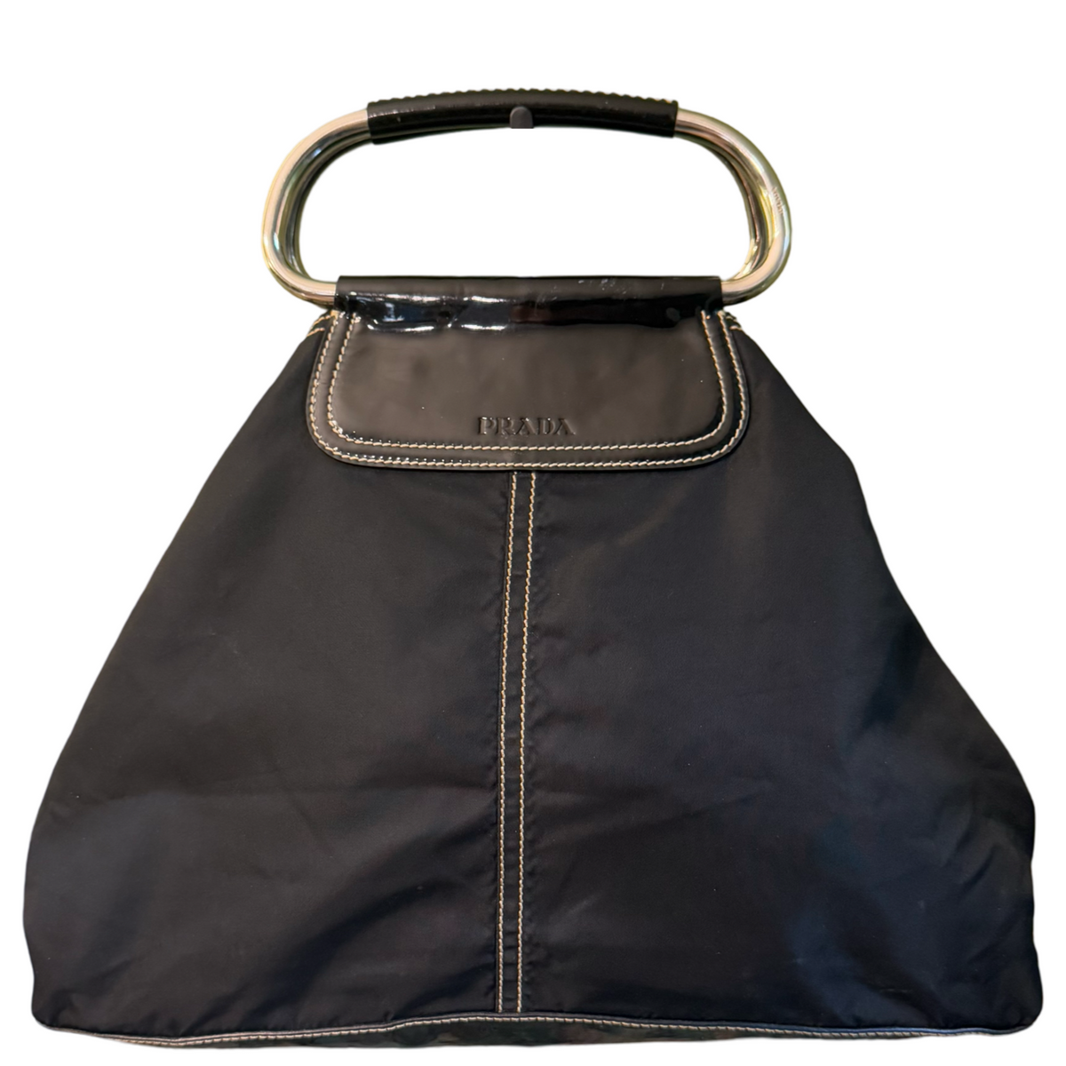 PRADA BLACK NYLON SS 2003 METAL HANDLE TOTE BAG – atticluxuryvintage