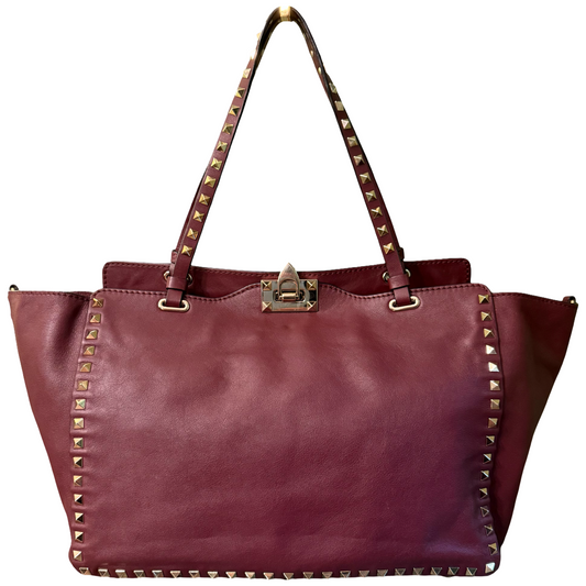 VALENTINO BURGUNDY LARGE ROCKSTUD SHOPPER TOTE