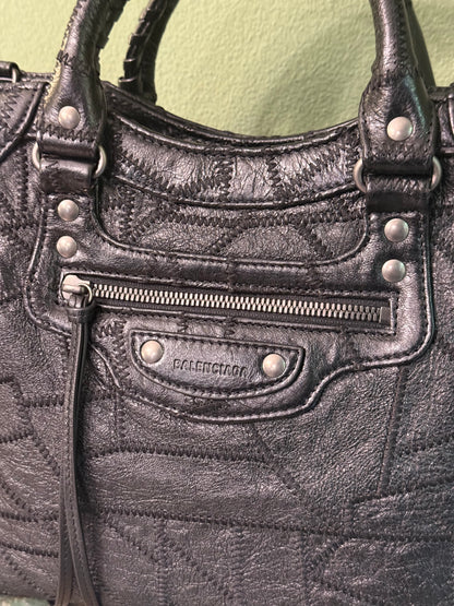 BALENCIAGA BLACK PATCHWORK MEDIUM NEO CITY HANDBAG