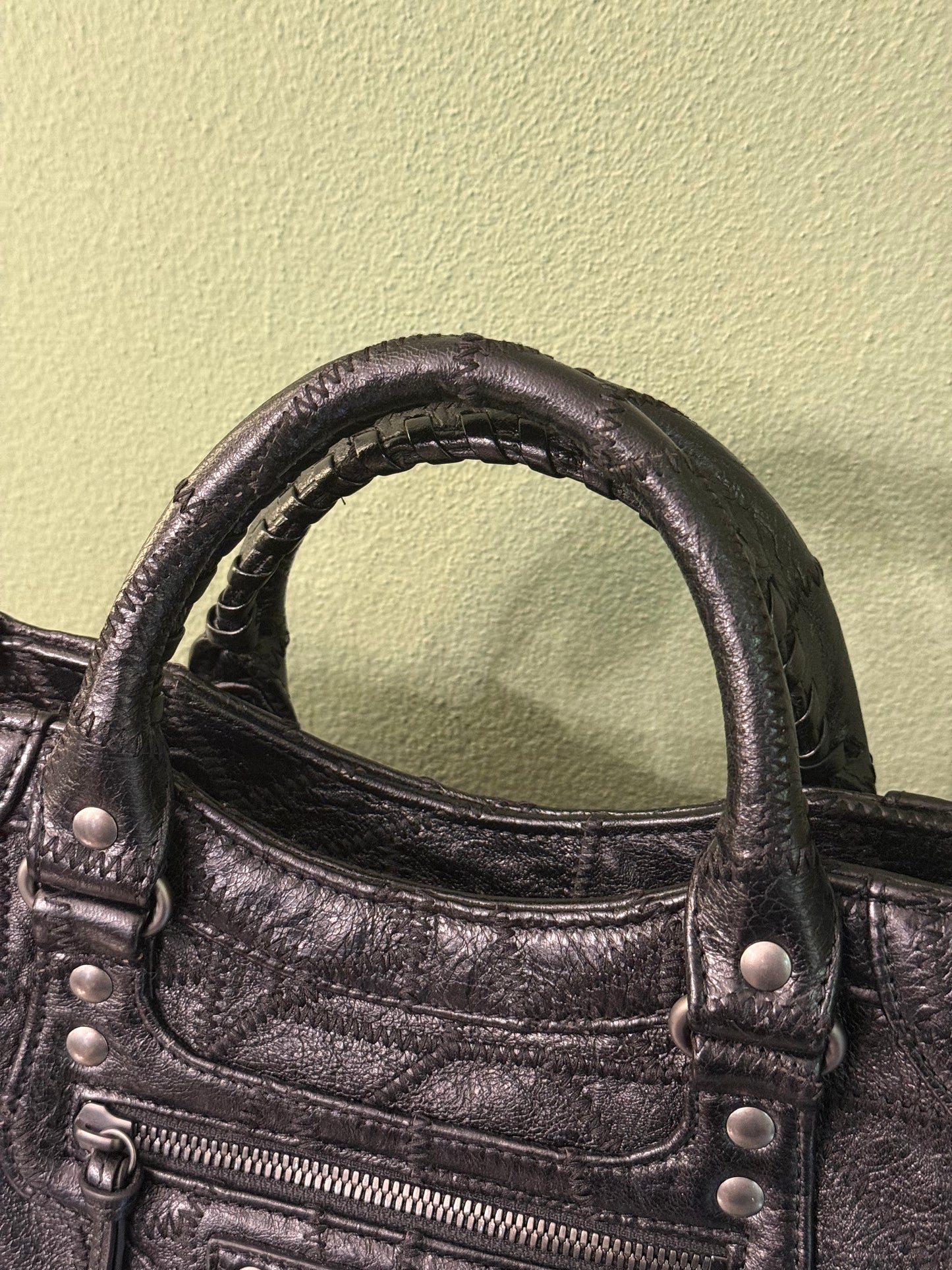 BALENCIAGA BLACK PATCHWORK MEDIUM NEO CITY HANDBAG