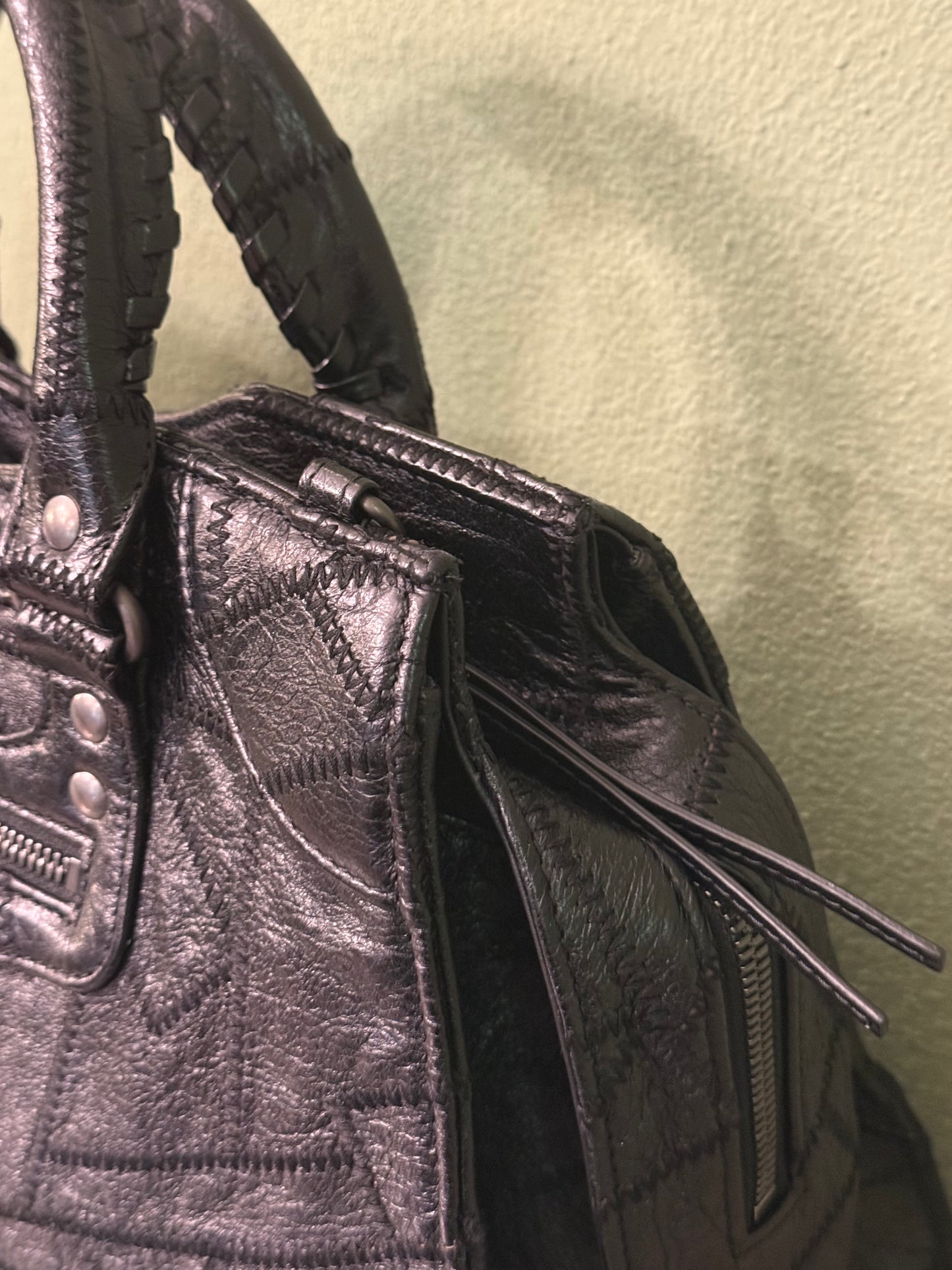 BALENCIAGA BLACK PATCHWORK MEDIUM NEO CITY HANDBAG