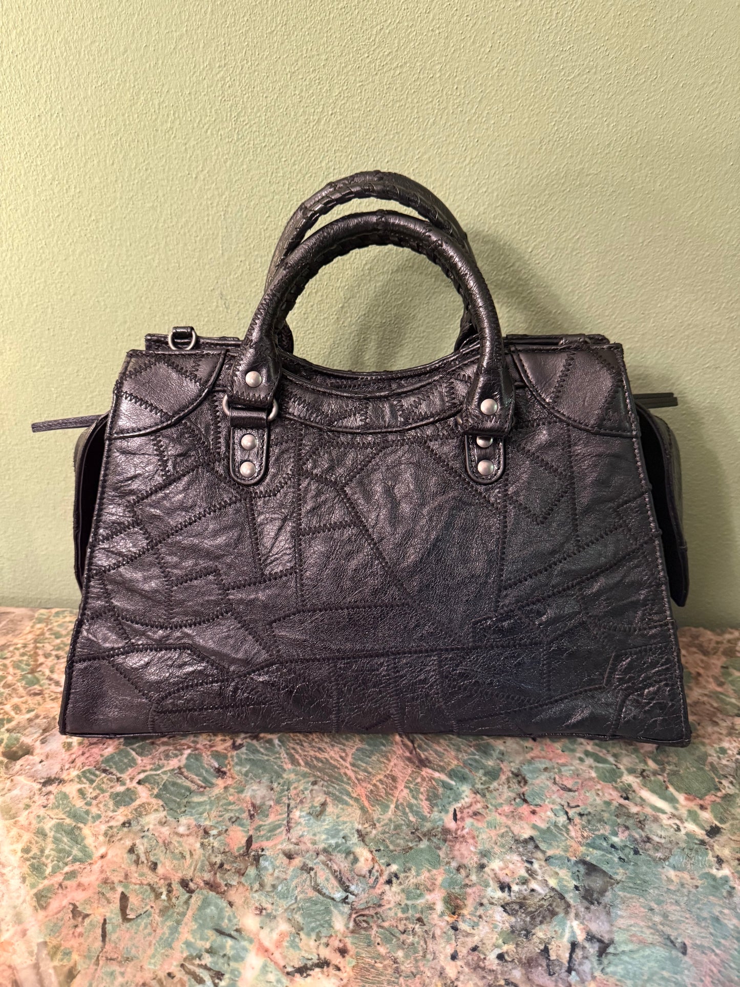 BALENCIAGA BLACK PATCHWORK MEDIUM NEO CITY HANDBAG