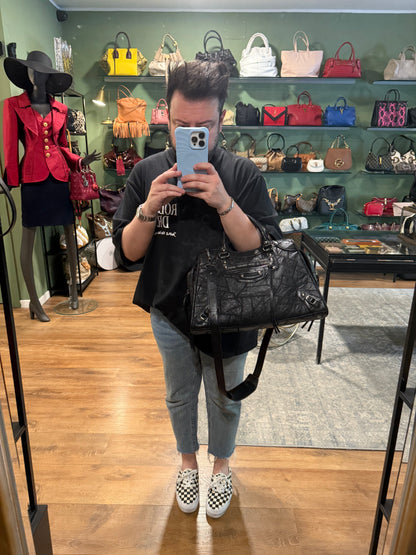 BALENCIAGA BLACK PATCHWORK MEDIUM NEO CITY HANDBAG