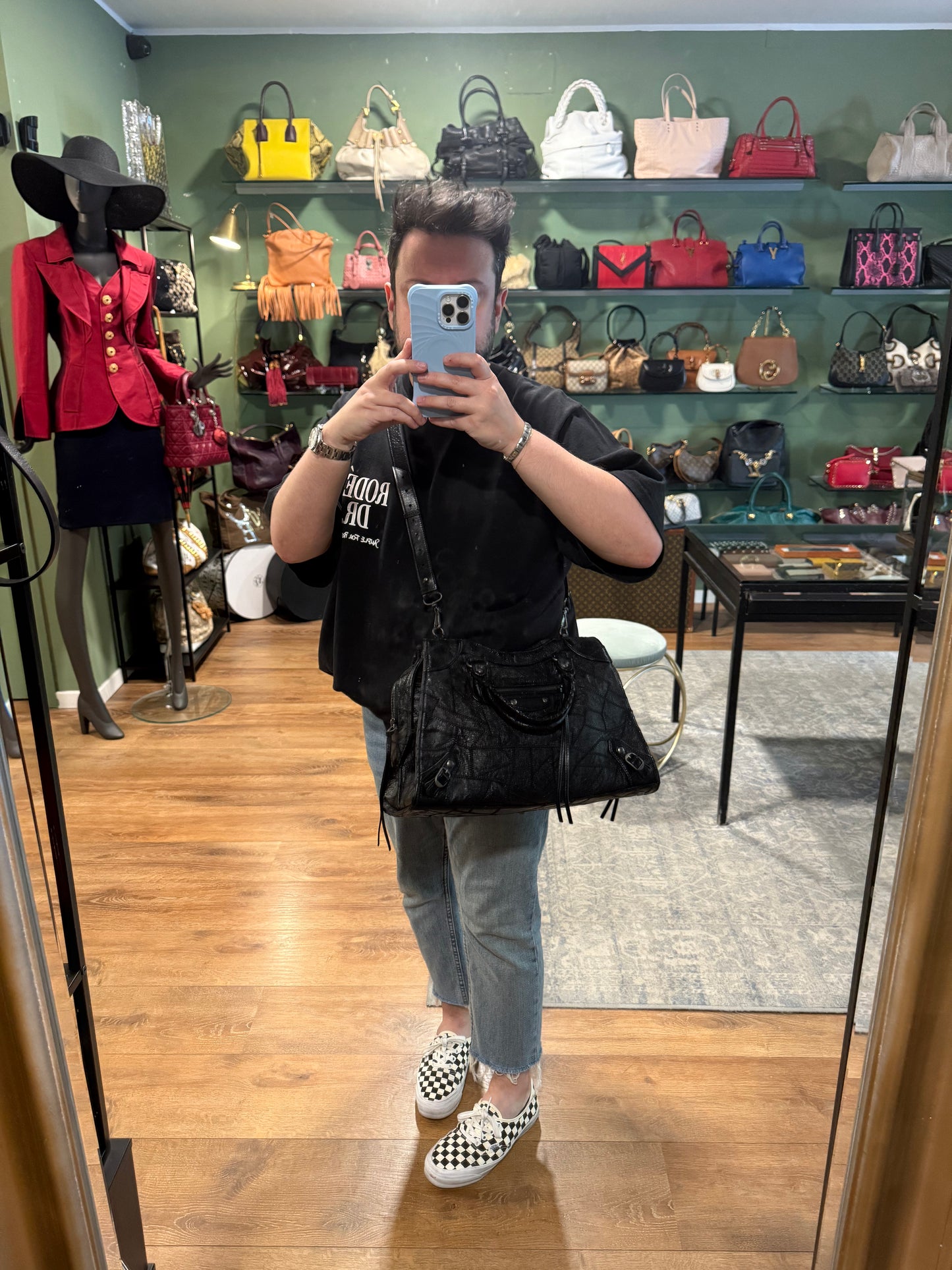BALENCIAGA BLACK PATCHWORK MEDIUM NEO CITY HANDBAG