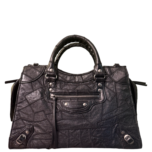 BALENCIAGA BLACK PATCHWORK LARGE NEO CITY HANDBAG