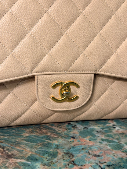 CHANEL BEIGE CAVIAR TIMELESS JUMBO SINGLE FLAP SHOULDER BAG