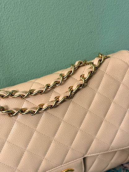 CHANEL BEIGE CAVIAR TIMELESS JUMBO SINGLE FLAP SHOULDER BAG