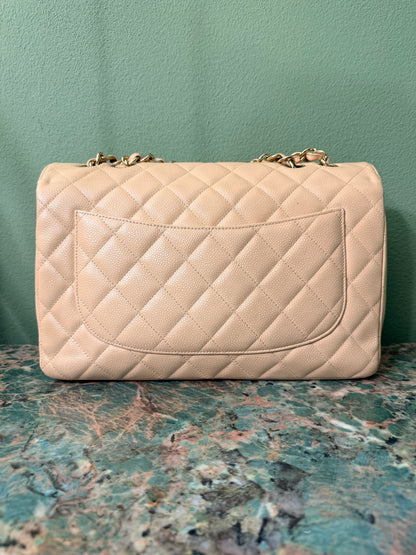 CHANEL BEIGE CAVIAR TIMELESS JUMBO SINGLE FLAP SHOULDER BAG