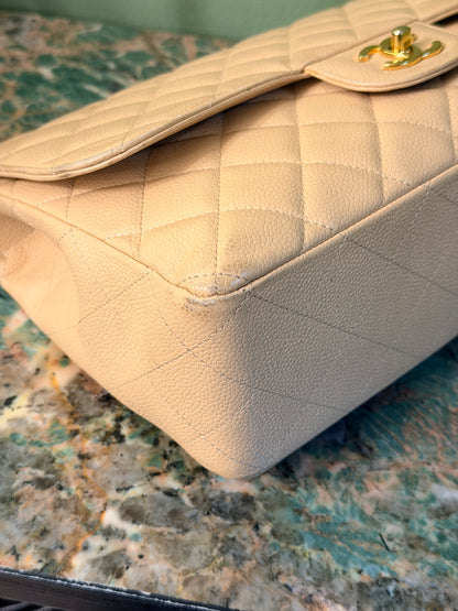 CHANEL BEIGE CAVIAR TIMELESS JUMBO SINGLE FLAP SHOULDER BAG