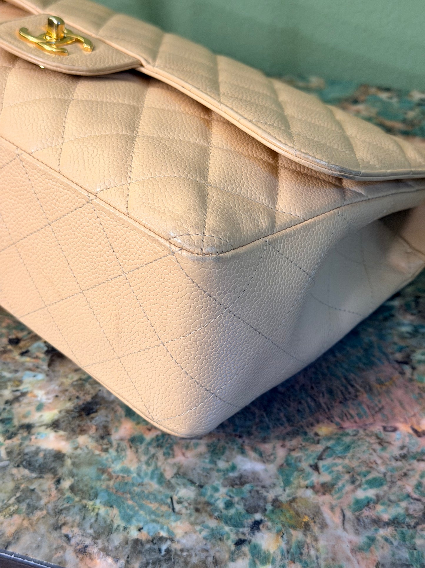 CHANEL BEIGE CAVIAR TIMELESS JUMBO SINGLE FLAP SHOULDER BAG