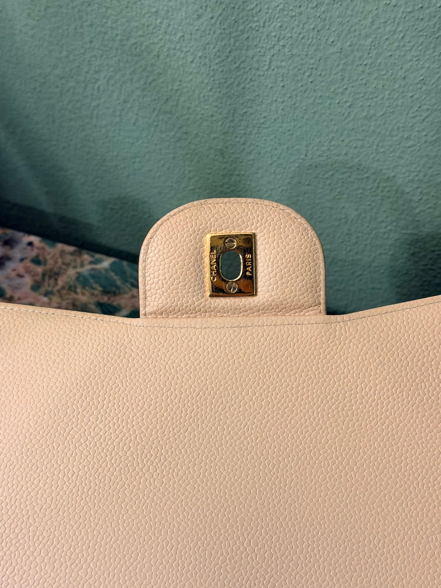 CHANEL BEIGE CAVIAR TIMELESS JUMBO SINGLE FLAP SHOULDER BAG