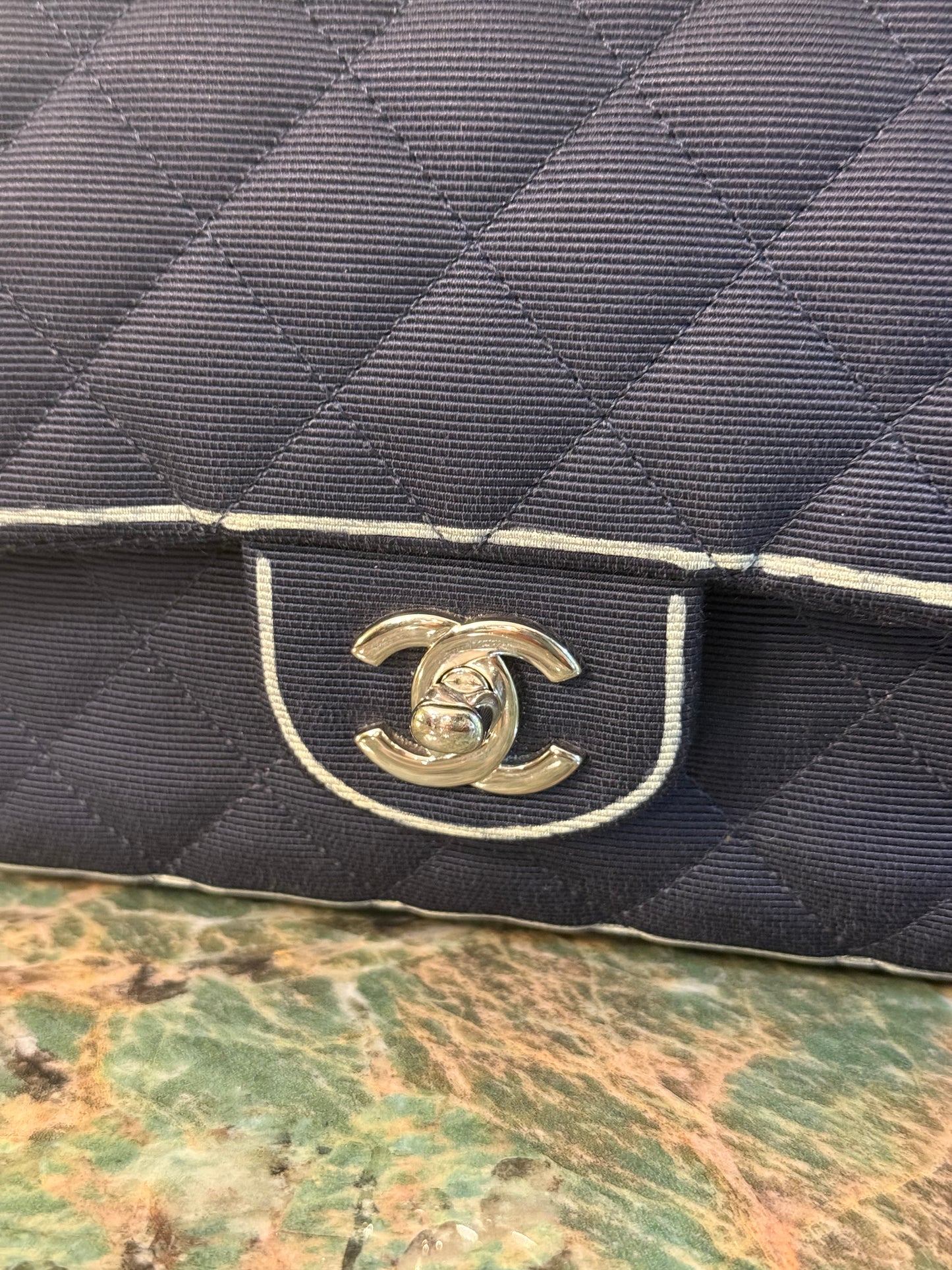 CHANEL NAVY GROS GRAIN MEDIUM CLASSIC DOUBLE FLAP TIMELESS SHOULDER BAG
