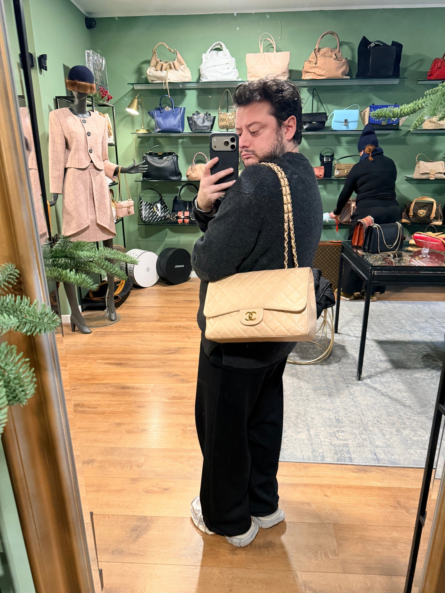 CHANEL BEIGE CAVIAR TIMELESS JUMBO SINGLE FLAP SHOULDER BAG