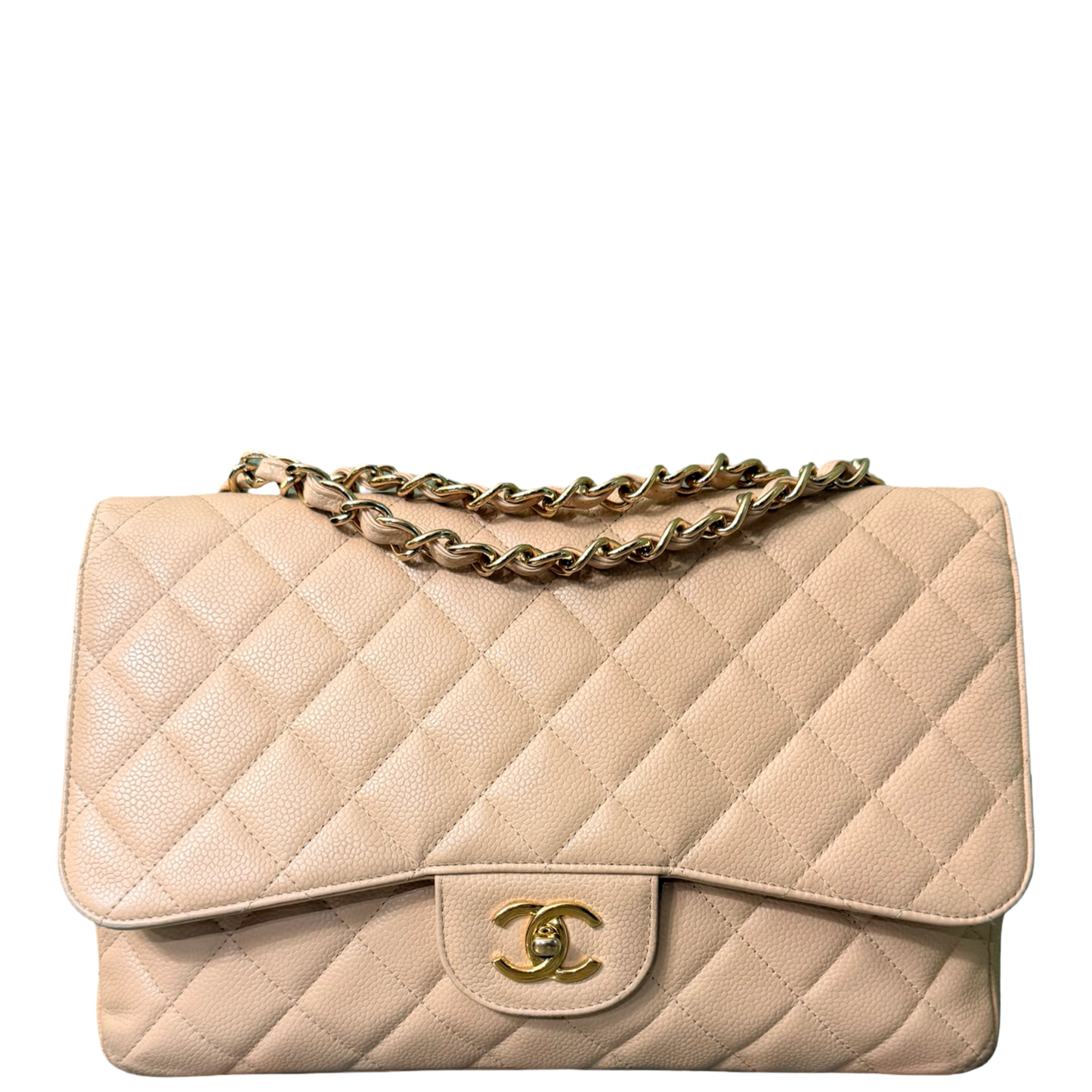 CHANEL BEIGE CAVIAR TIMELESS JUMBO SINGLE FLAP SHOULDER BAG