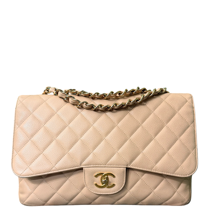 CHANEL BEIGE CAVIAR TIMELESS JUMBO SINGLE FLAP SHOULDER BAG