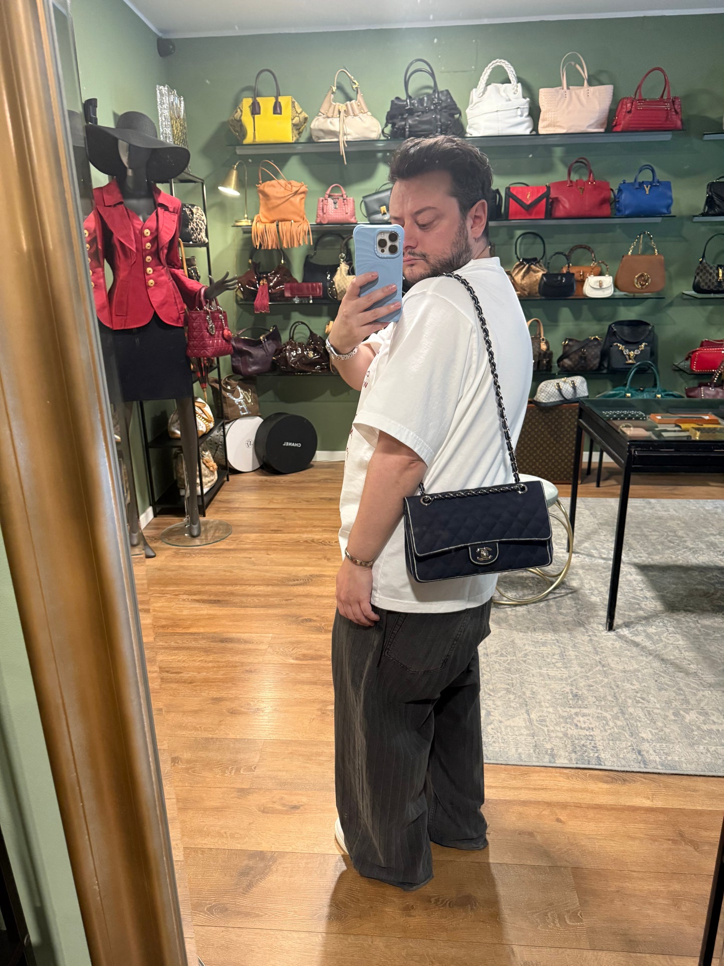 CHANEL NAVY GROS GRAIN MEDIUM CLASSIC DOUBLE FLAP TIMELESS SHOULDER BAG