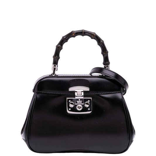 GUCCI BLACK SPAZZOLATO MINI BAMBOO LADY LOCK TOP HANDLE BAG