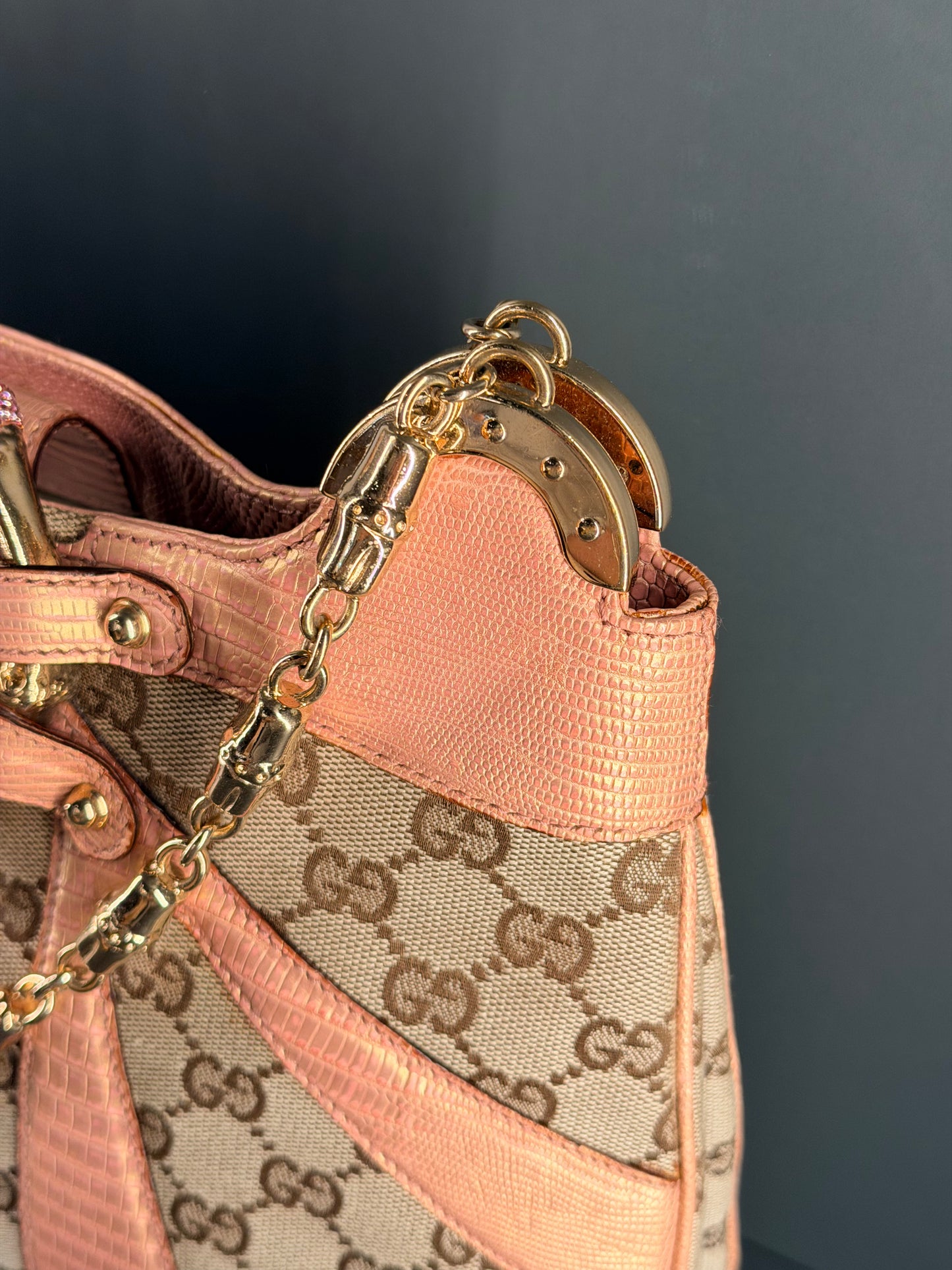 GUCCI BY TOM FORD GG CANVAS AND LIZARD TRIM CRYSTAL BAMBOO SHOULDER BAG