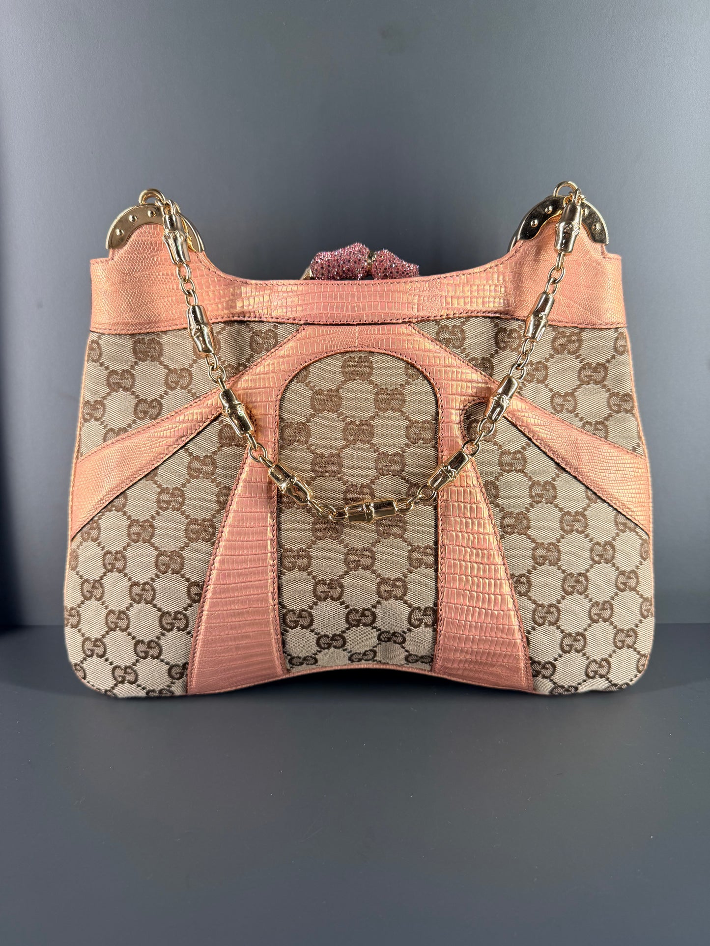 GUCCI BY TOM FORD GG CANVAS AND LIZARD TRIM CRYSTAL BAMBOO SHOULDER BAG