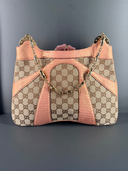 GUCCI BY TOM FORD GG CANVAS AND LIZARD TRIM CRYSTAL BAMBOO SHOULDER BAG