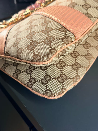 GUCCI BY TOM FORD GG CANVAS AND LIZARD TRIM CRYSTAL BAMBOO SHOULDER BAG