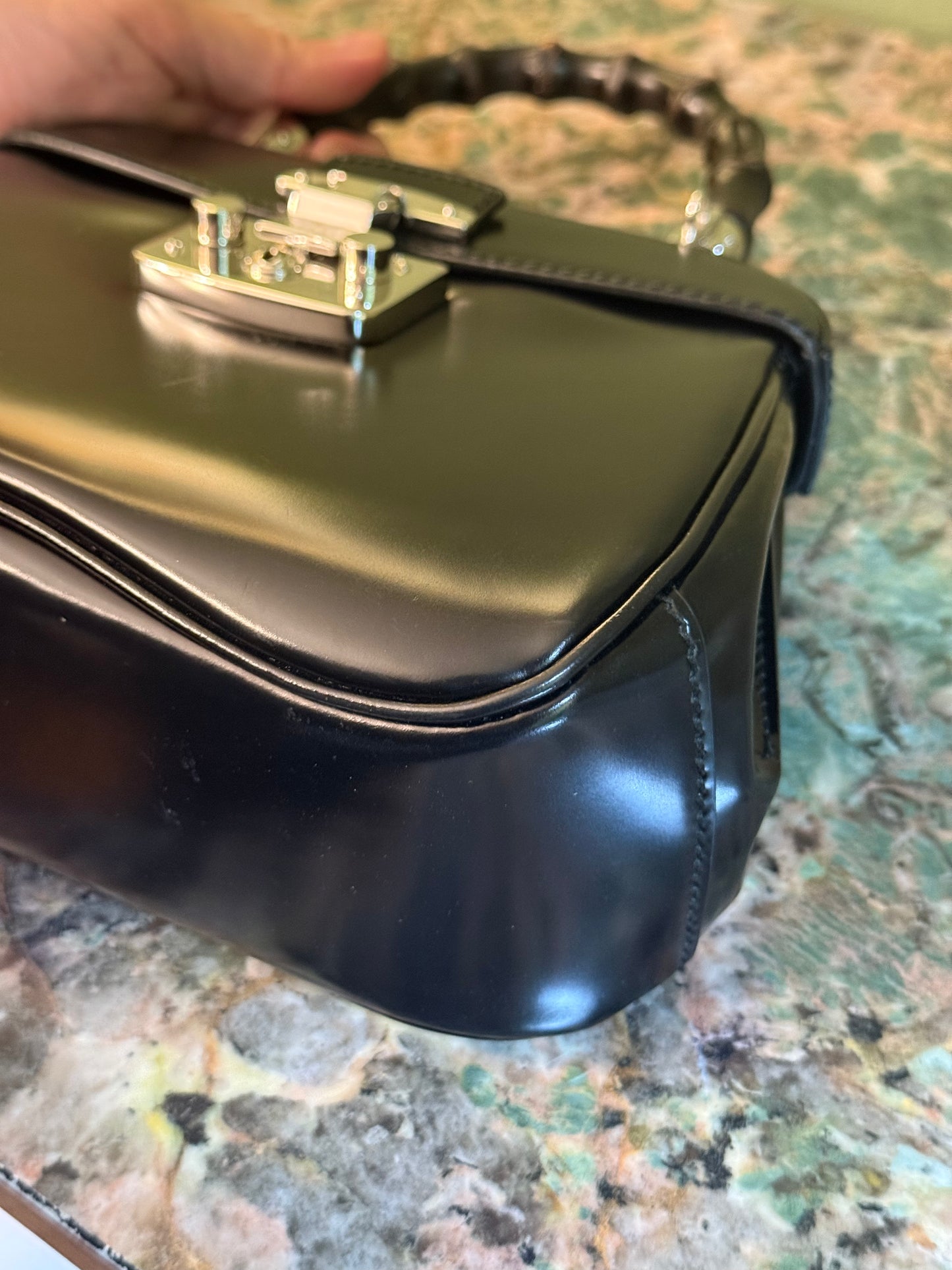 GUCCI BLACK SPAZZOLATO MINI BAMBOO LADY LOCK TOP HANDLE BAG