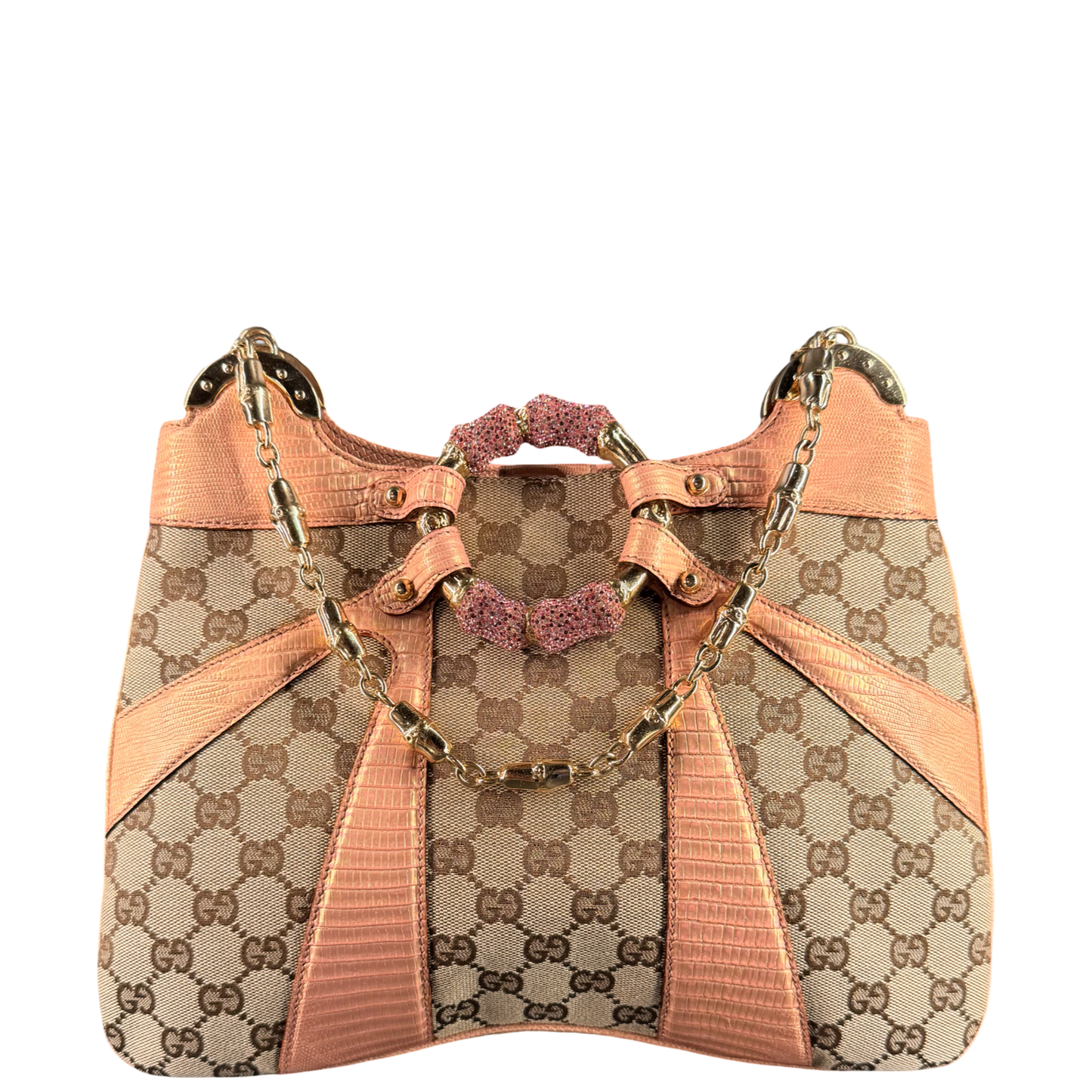 GUCCI BY TOM FORD GG CANVAS AND LIZARD TRIM CRYSTAL BAMBOO SHOULDER BAG