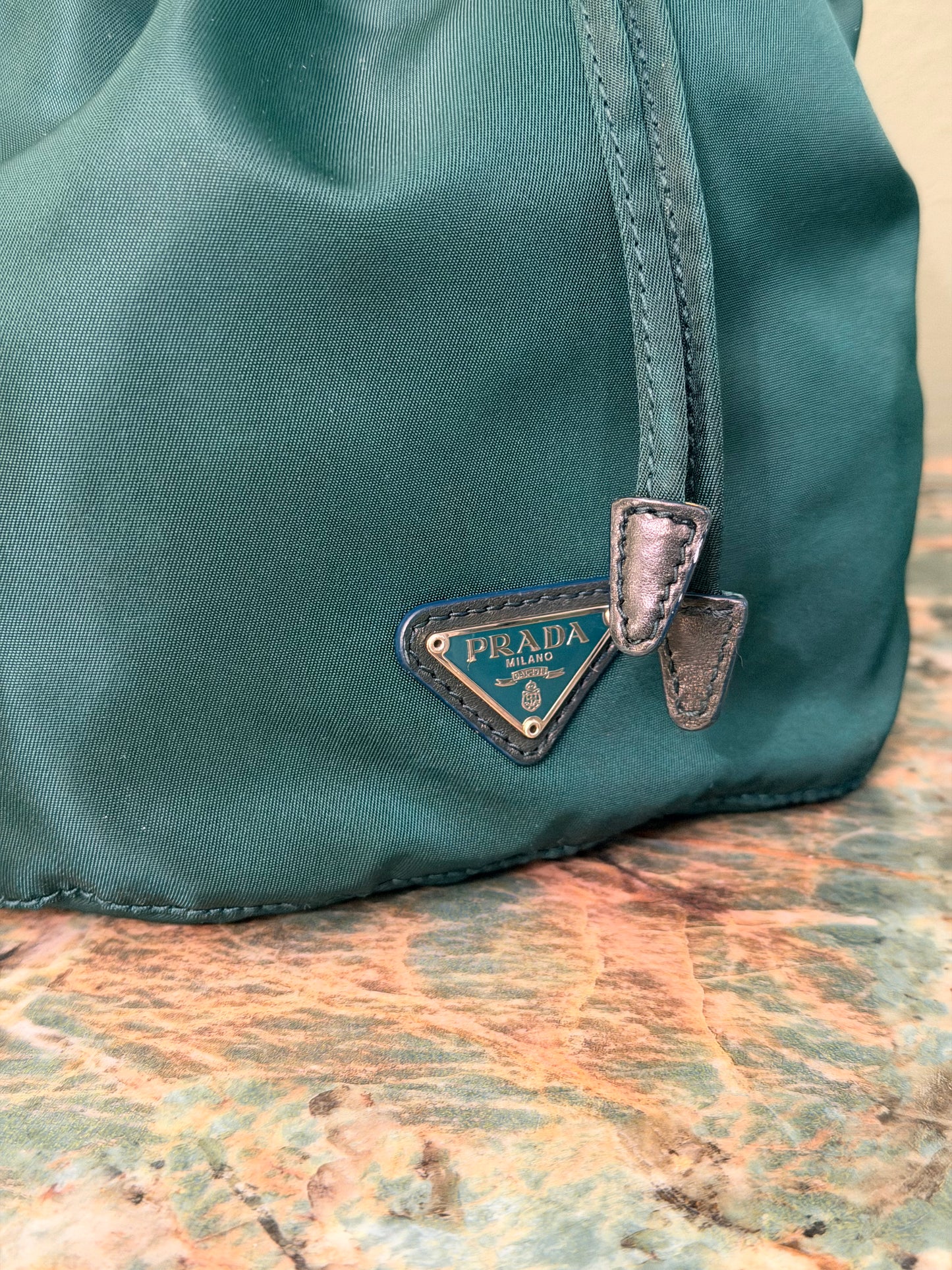 PRADA GREEN NYLON BUCKET BAG