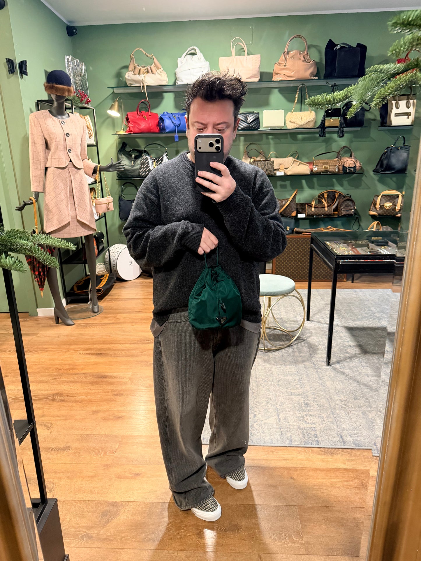 PRADA GREEN NYLON BUCKET BAG